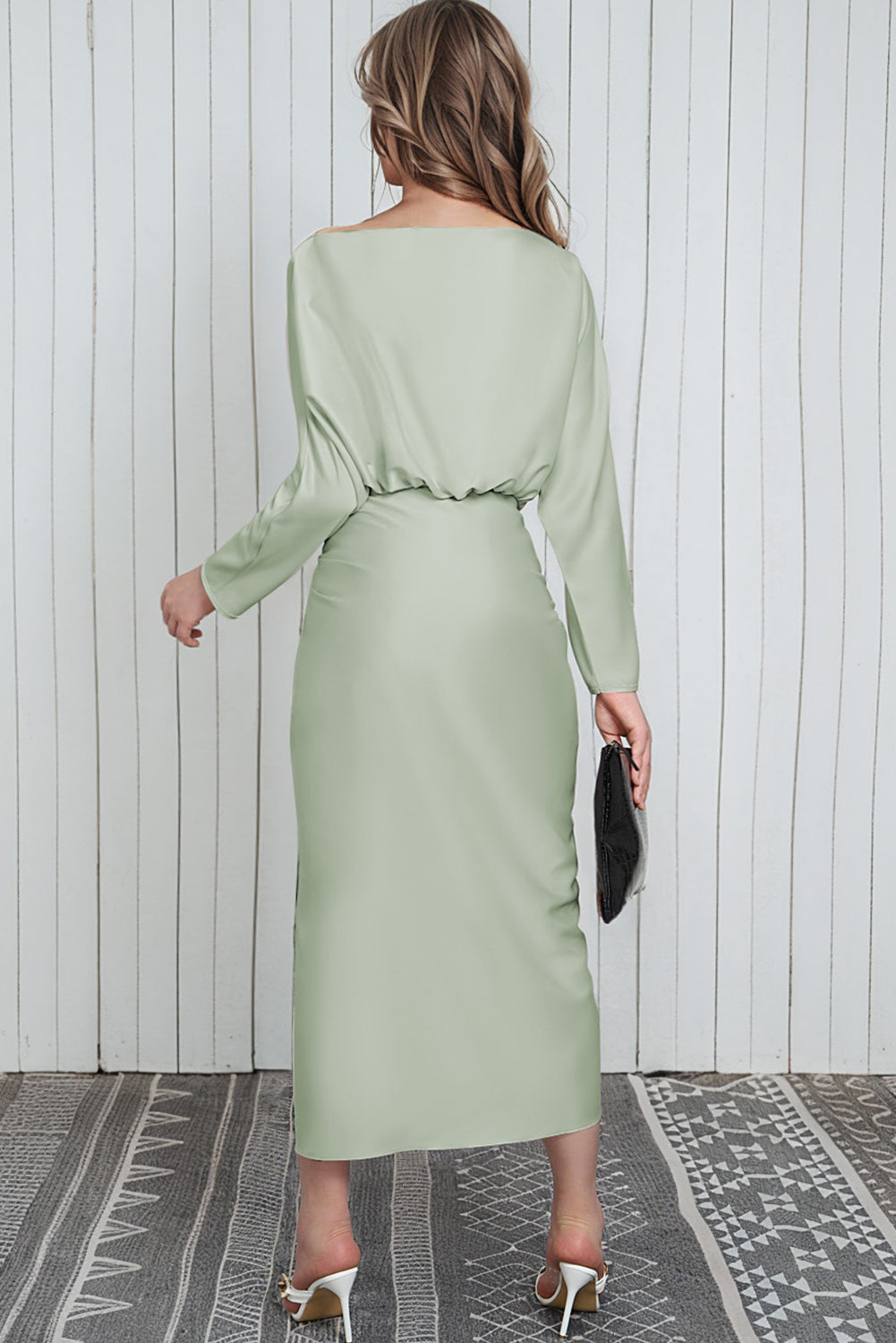 Green Satin Wrap Tie Side Boat Neck Long Sleeve Dress