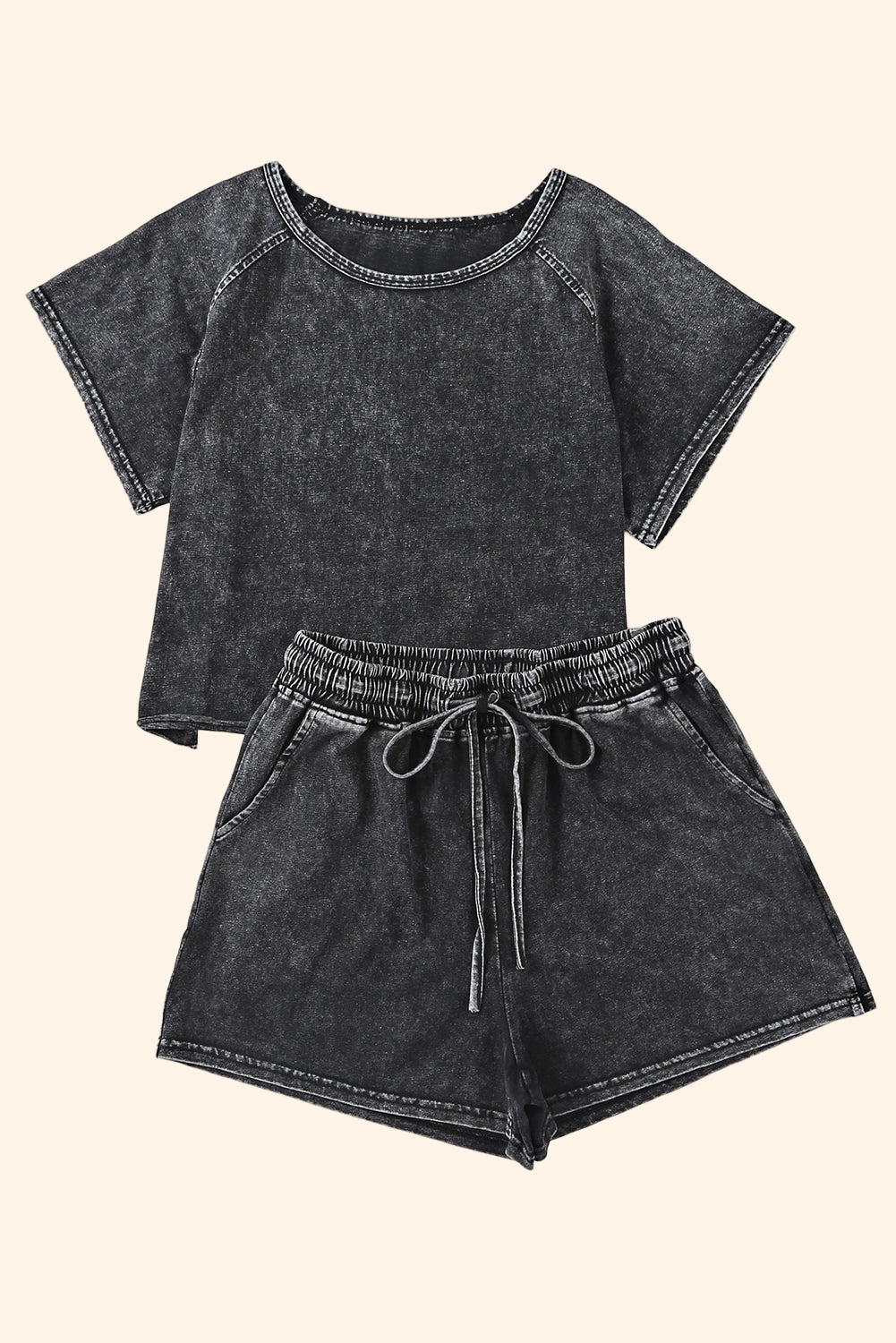 Matching outfit Set T-shirt and shorts Black Acid Washed Shorts and T shirt fashion set Top and Shorts Outfit