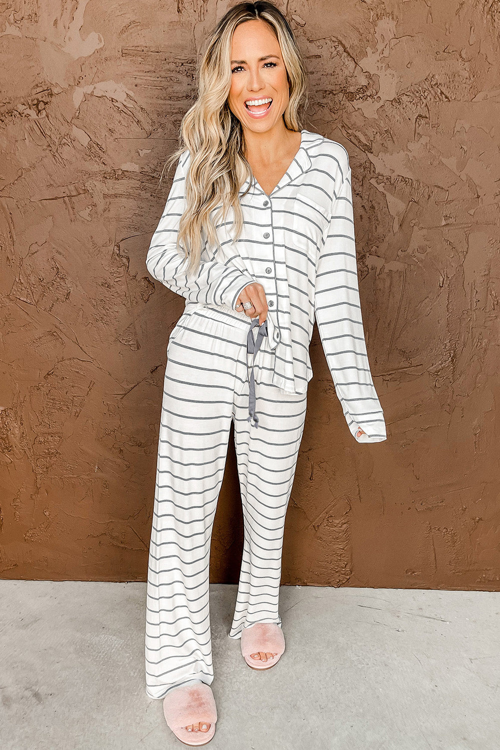 Striped Pajamas Set Long Sleeve and Pants Loungewear Womens Fashion