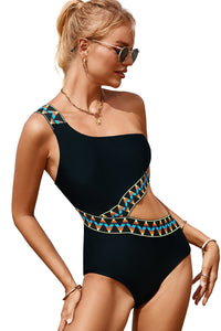 Black One Piece Bikini Zigzag Accent Cutout One Shoulder Teddy Swimsuit Women's Swimwear