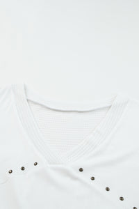 White Contrast Knit Splicing V Neck Studded Blouse