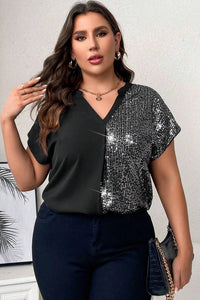 Black Plus Size Sequined Patchwork V Neck Tee Ladies Short Sleeve Shirt with Sequins