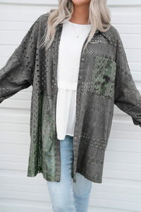 Women's Oversized Button Up Long Shirt Duffel Green Eyelet Pattern Patchwork  Shacket