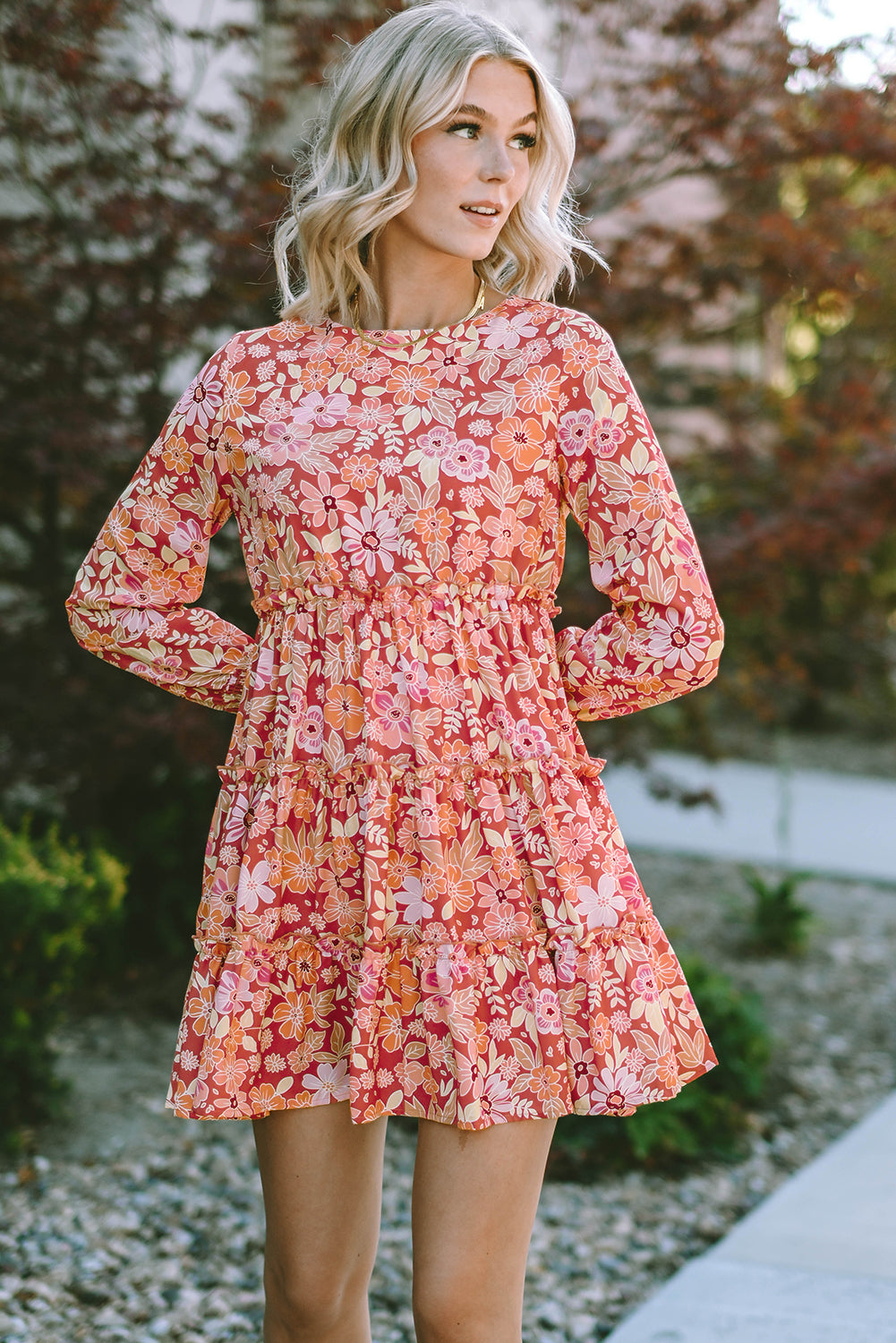 Printed Floral Long Sleeve Frill Tiered Mini Short Dress