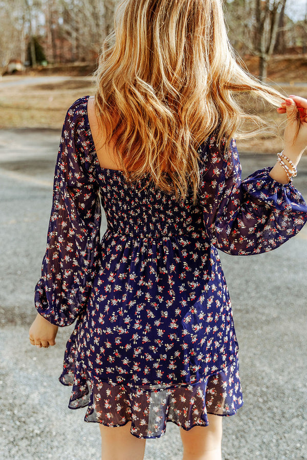 Blue Floral Print Smocked Square Neck Bubble Sleeve Dress