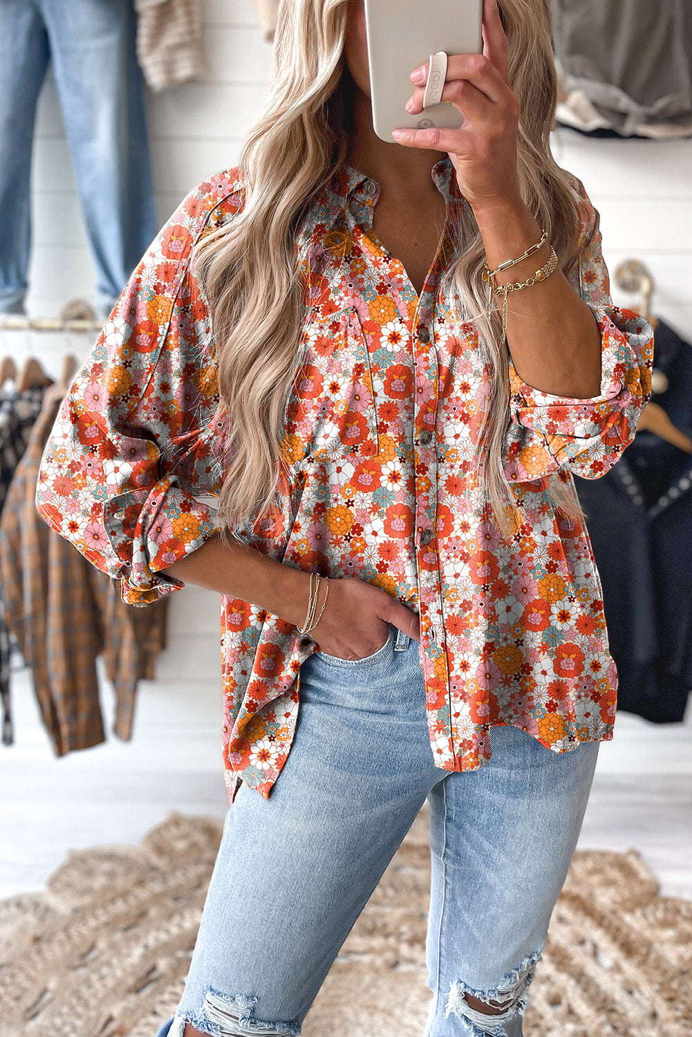 Multicolor Floral Print Chest Pocket Casual Shirt