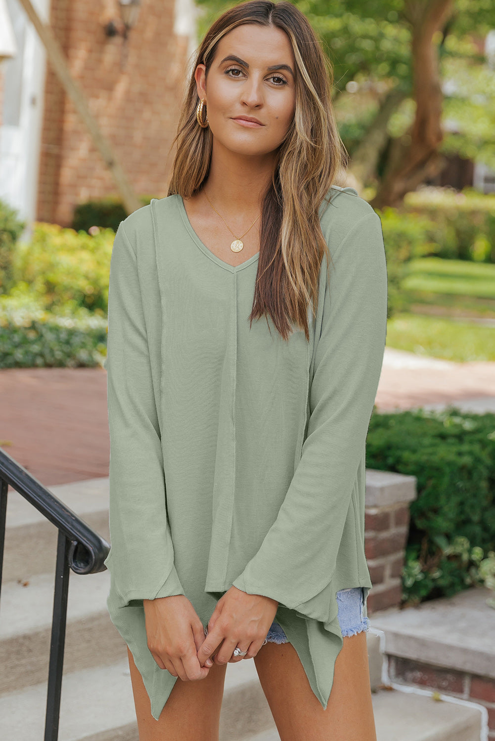 Green Ribbed Expose Seam Bell Sleeve Top