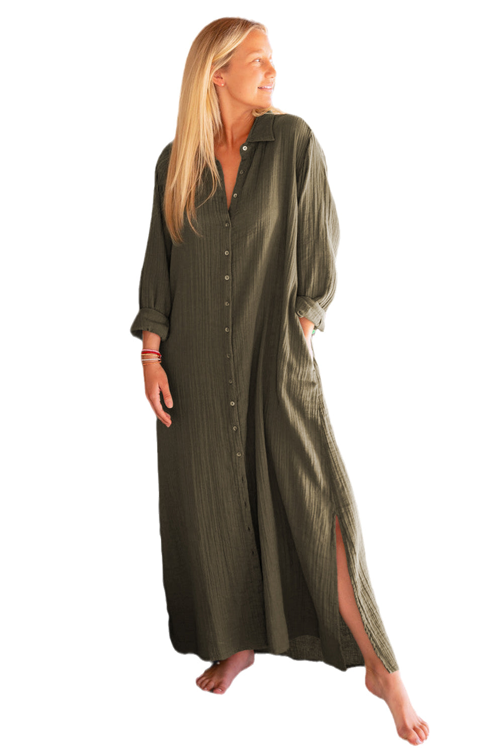 Women’s Fashion Dress Green Crinkle Button Up Casual Split Shirt Maxi Dress