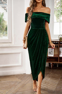 Blackish Green Velvet Off Shoulder Pleated Wrap Evening Midi Dress