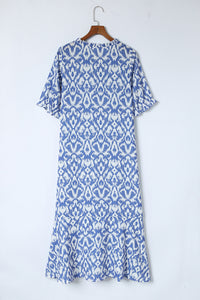 Casual Geometric Print Maxi Dress Sky Blue V Neck Boho Summer Vacation Dresses Loose Fit