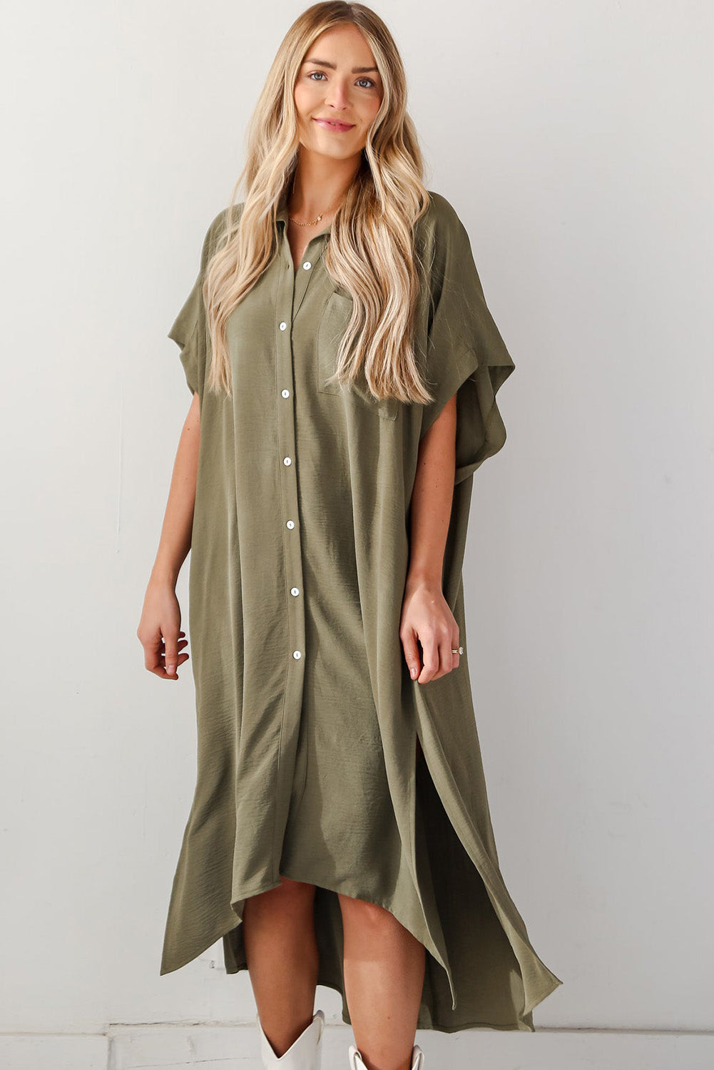 Olive Green Shirt Dress Jungle Green Loose High Low Side Slits Short Sleeve T Shirt Maxi