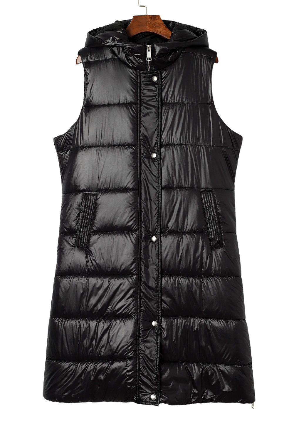 Black Hooded Long Quilted Vest Coat