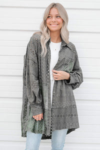 Women's Oversized Button Up Long Shirt Duffel Green Eyelet Pattern Patchwork  Shacket