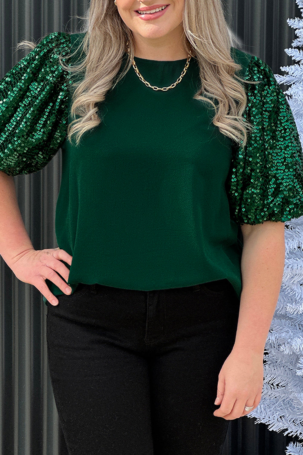 Women's Green  Sequin Short Puff Sleeve Top Plus Size