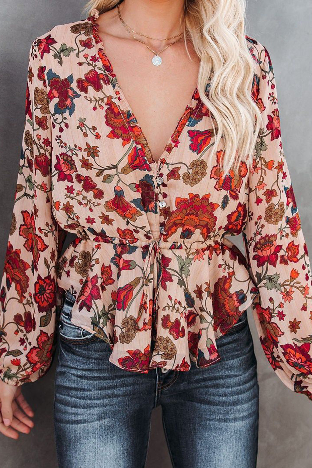 Multicolour Floral Frilled V Neck Drawstring Peplum Blouse