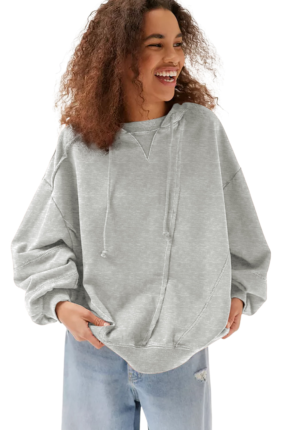 Gray Active Patchwork Detail Warm Winter Sweater Sweatshirt Hoodie