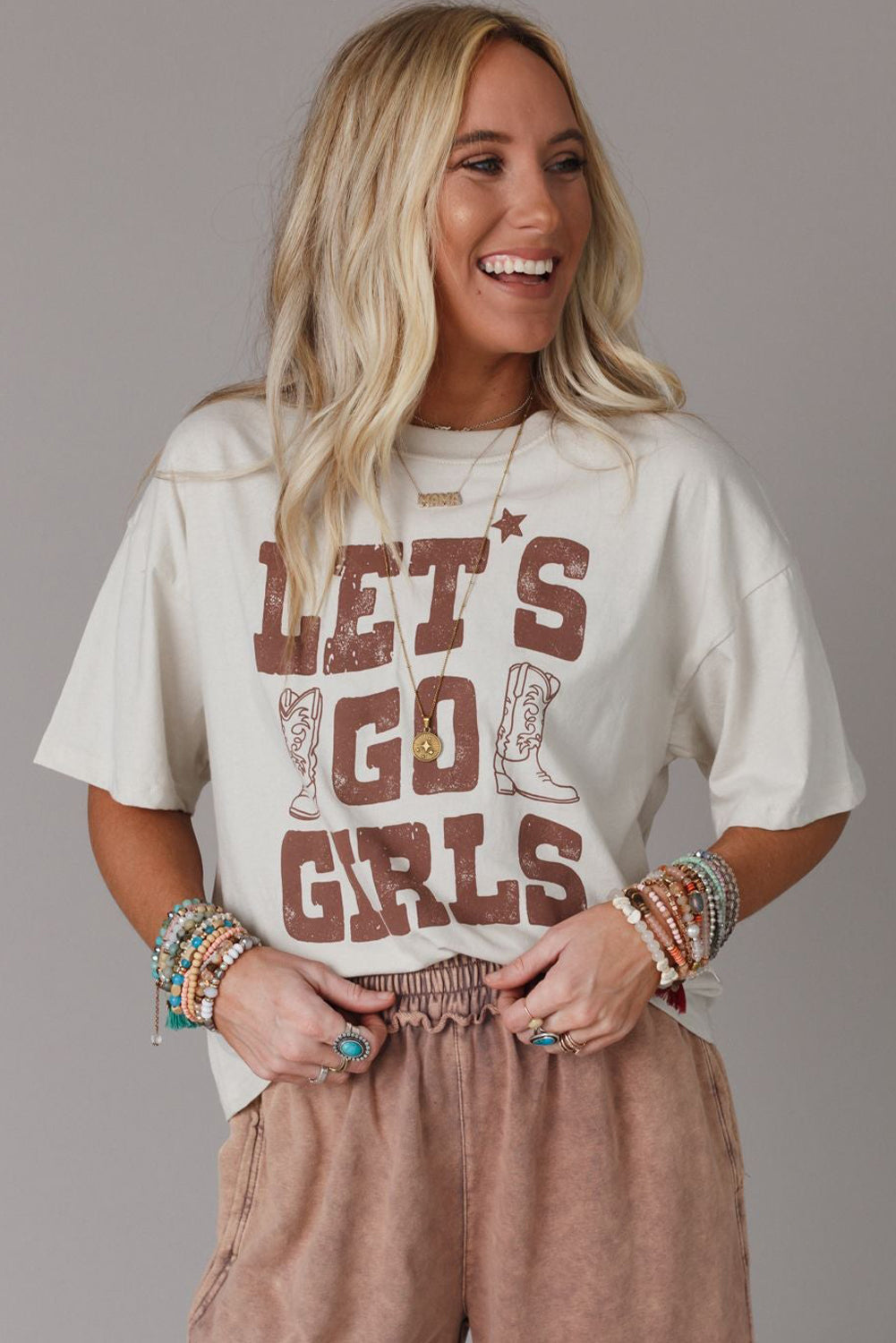 Graphic T Shirt  Motivational White LETS GO GIRLS Western Boots Tee Cotton