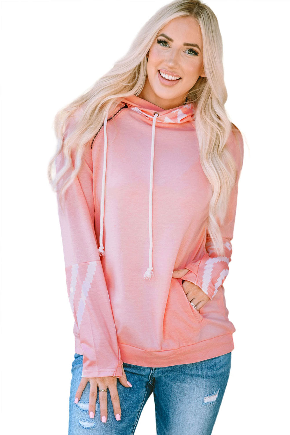 Pink Aztec Print Patchwork Thumb Hole Hoodie