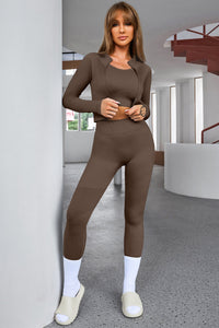 Brown Ribbed Knit 3pcs Sports Set Yoga Gym Outfit Set