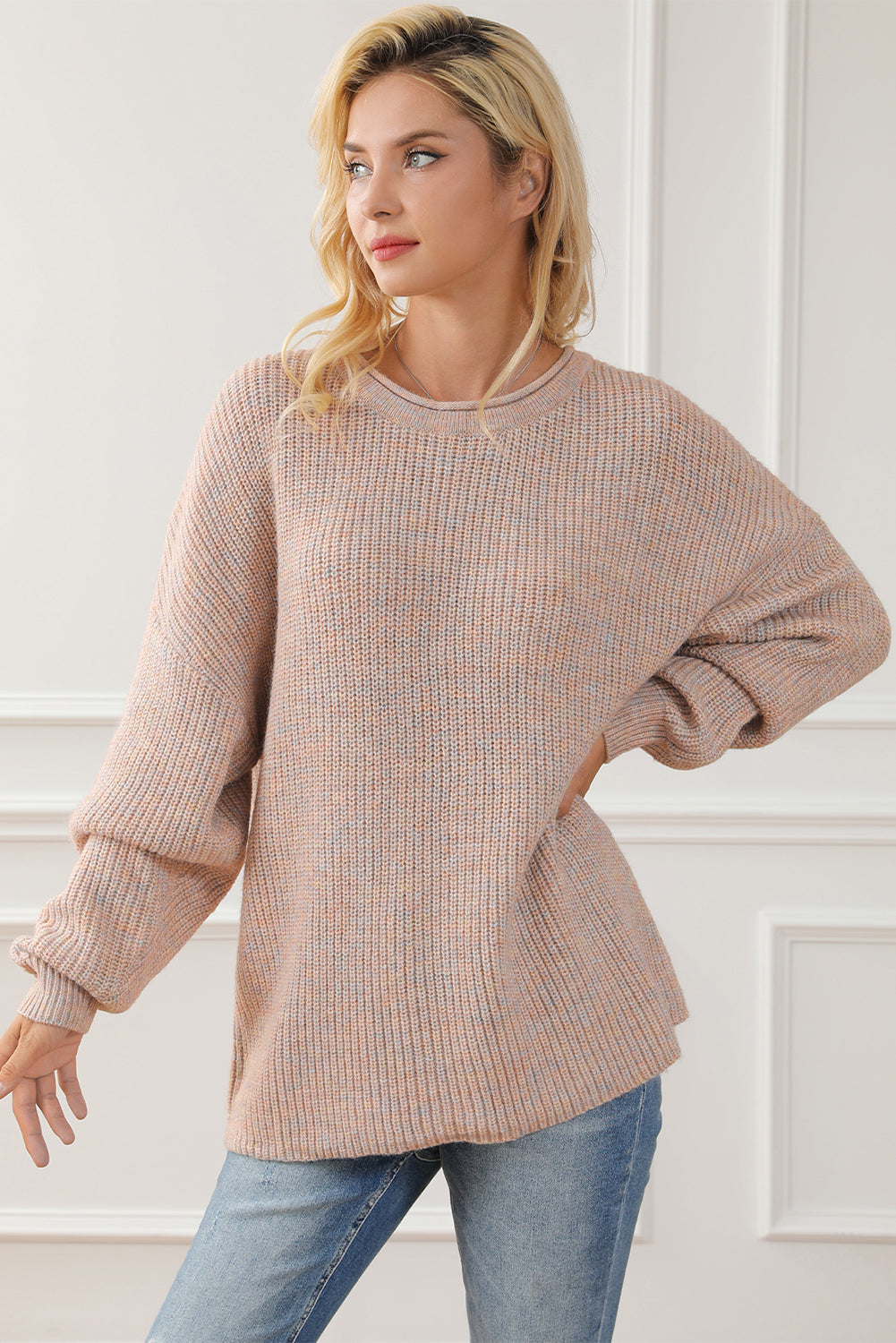 Multicolor Rolled Round Neck Drop Shoulder Sweater