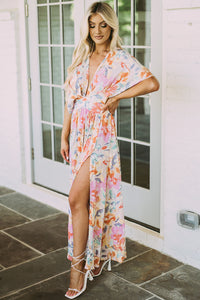 Women’s Long Beach Dress Boho Multicolor Tropical Floral Print Ruched V Neck Loose Sleeve Flowy Maxi Dress