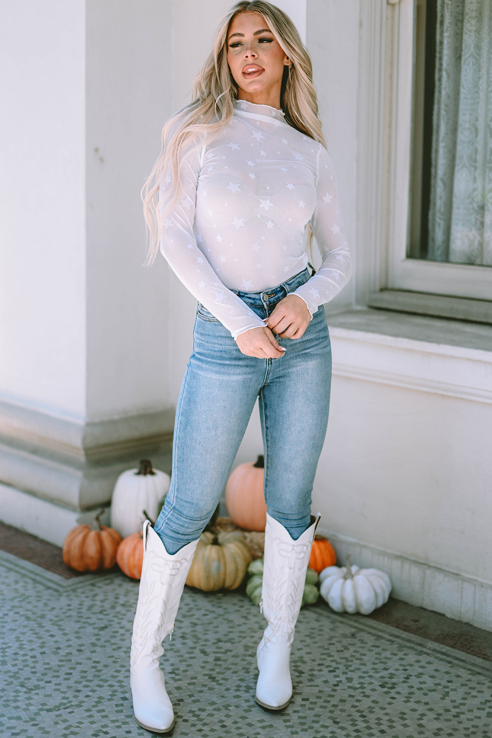 White Star Embellished Sheer Mesh Long Sleeve Top