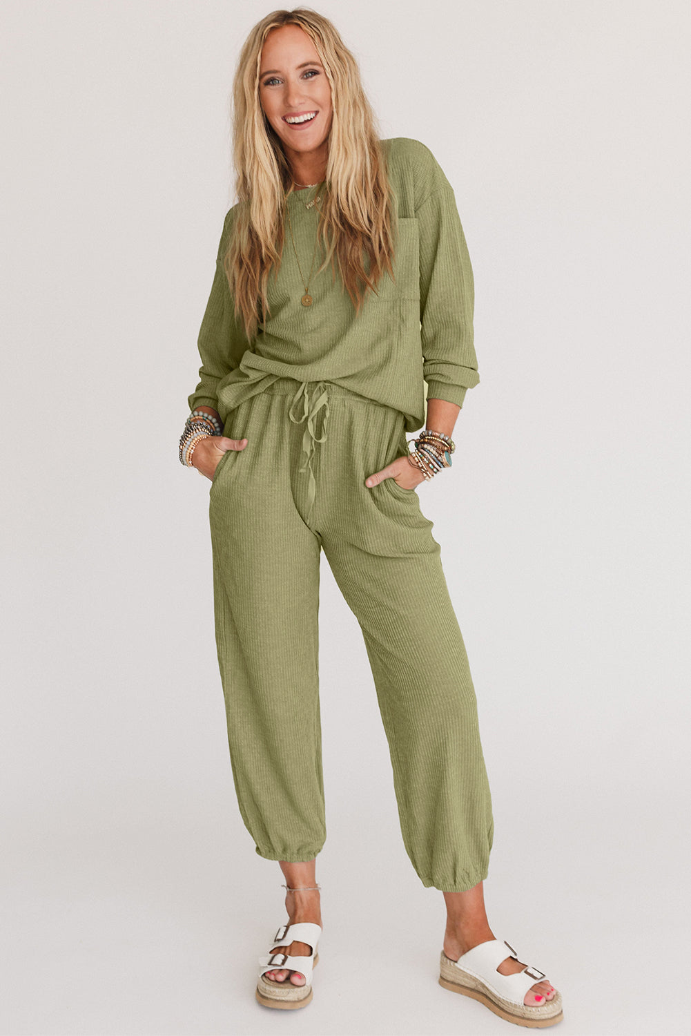 Matching Fashion Outfit Set Long Sleeve Top Drawstring Joggers Set (Top and Bottoms included) Loungewear