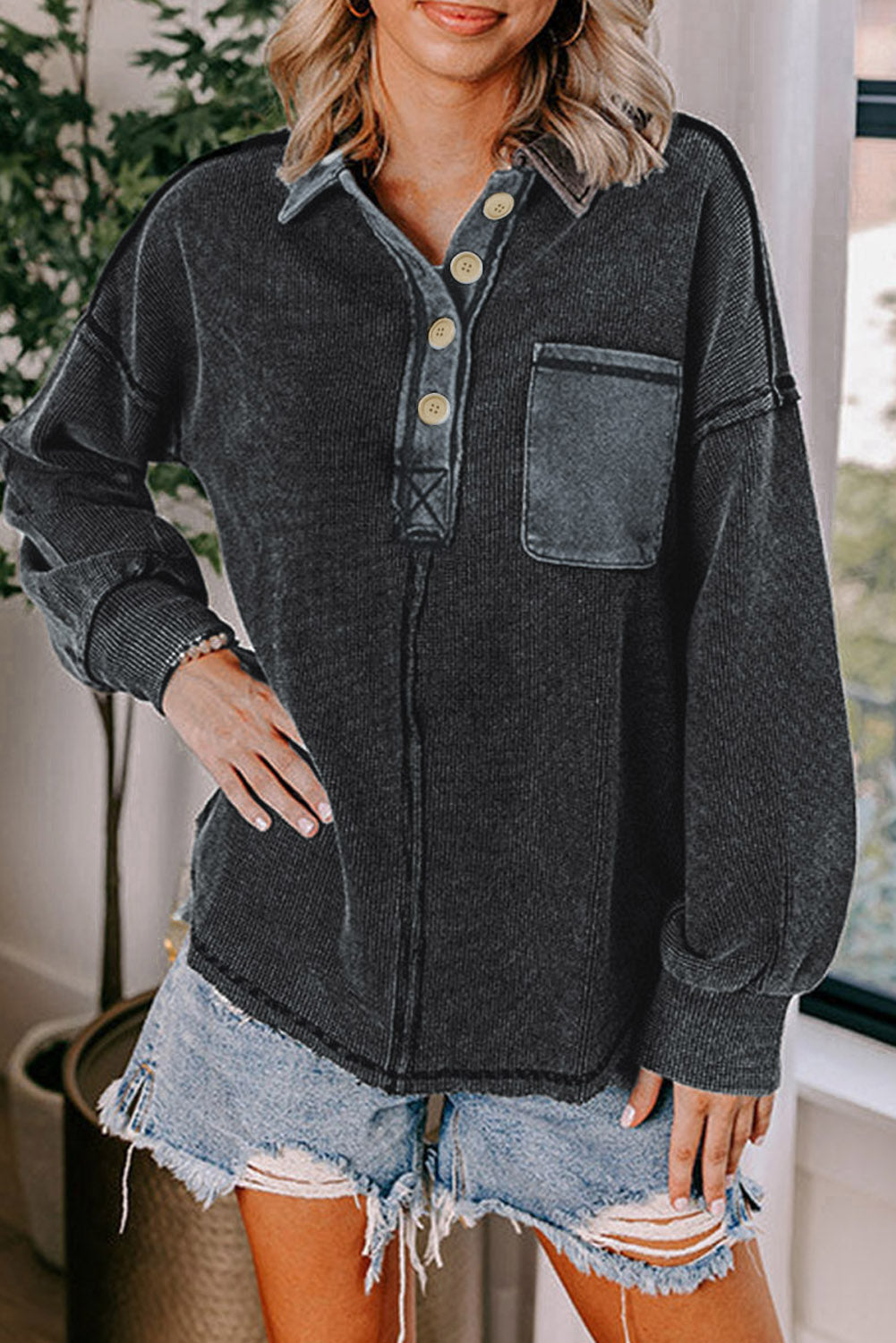 Black Waffle Exposed Seam Pocket Henley Long Sleeve Top Sweatshirt