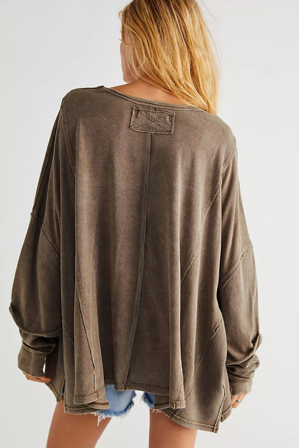 Brown Exposed Seam Thumbhole Drop Shoulder Loose Sweatshirt