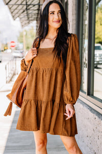 Boho Long Sleeve Dress with pockets  Chestnut Square Neck Puff Sleeve Tiered Corduroy Mini