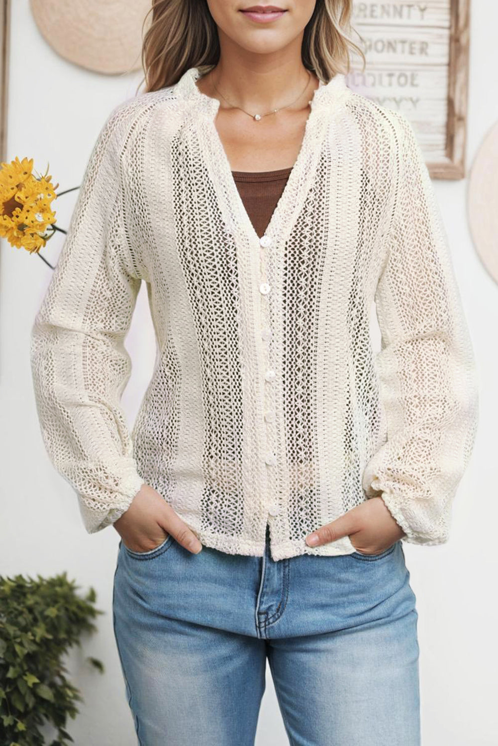 White V-Neck Long Sleeve Button Up Lace Shirt