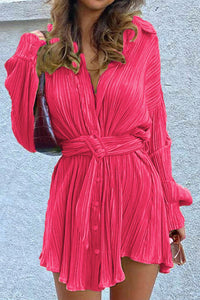 Rose Pink Pleated Buckle Belt Drop Shoulder Shirt Mini Dress Womens Fashion and Dresses