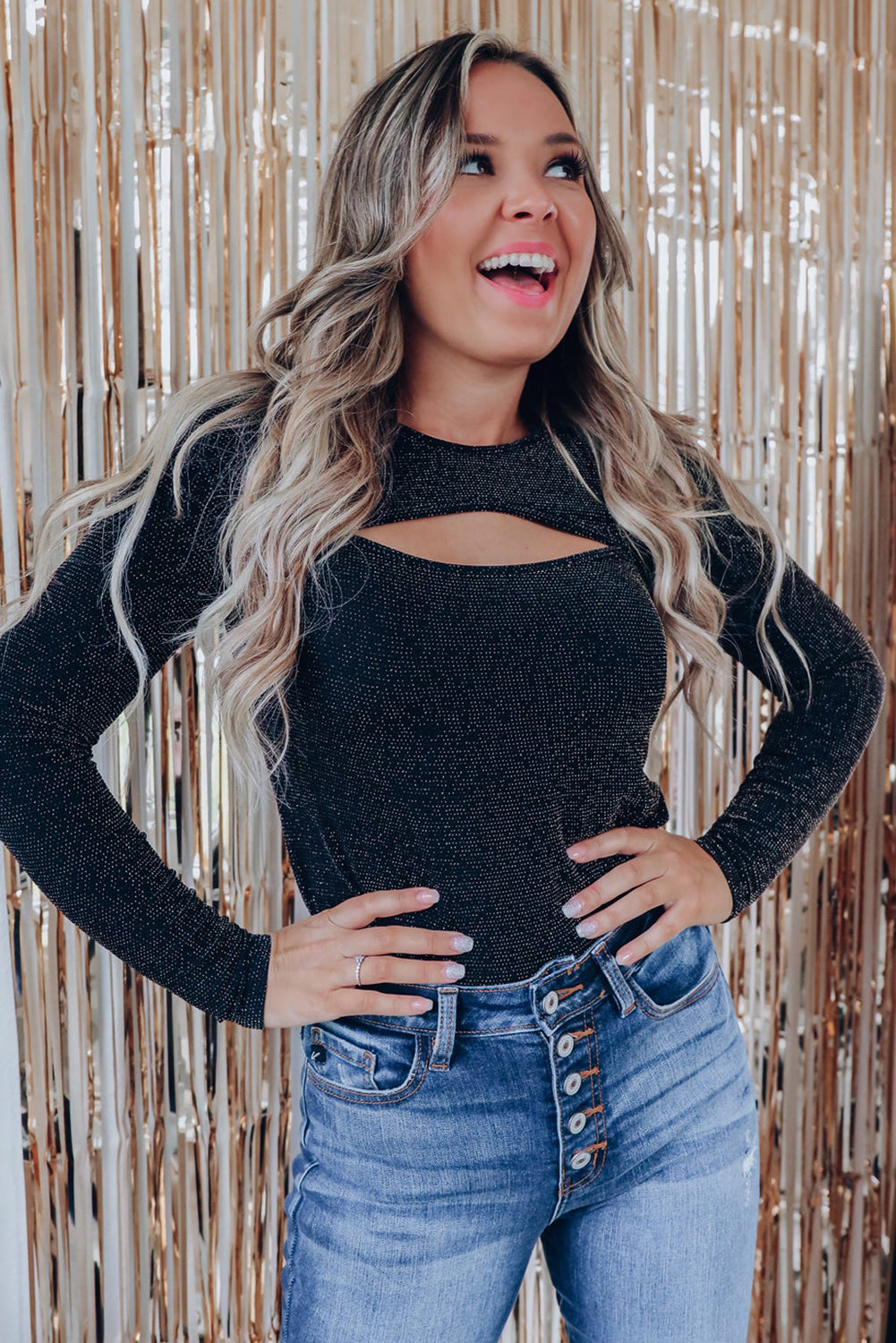 Black Sparkle Metallic Cut Out Long Sleeve Top