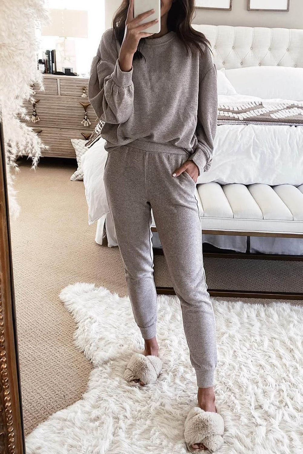 Gray Long Puff Sleeve Top Pocketed Casual Two Piece Set