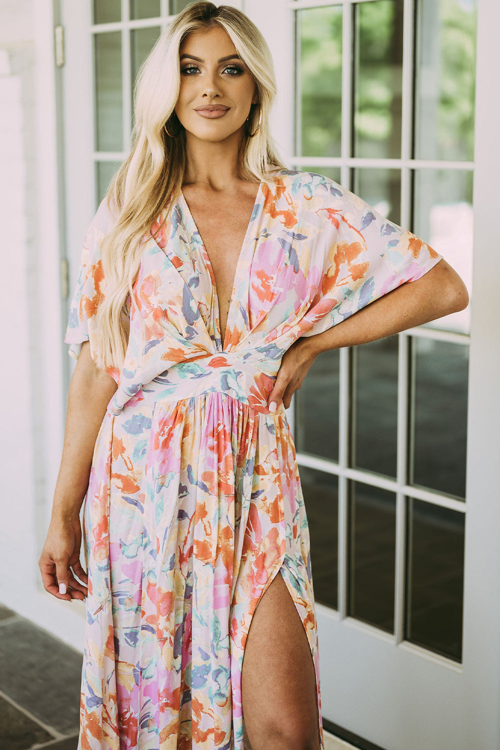 Women’s Long Beach Dress Boho Multicolor Tropical Floral Print Ruched V Neck Loose Sleeve Flowy Maxi Dress