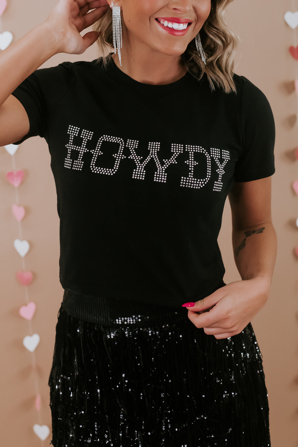 Black HOWDY Rhinestone Slim Fit Crew Neck T Shirt Ladies Casual Black Blouse