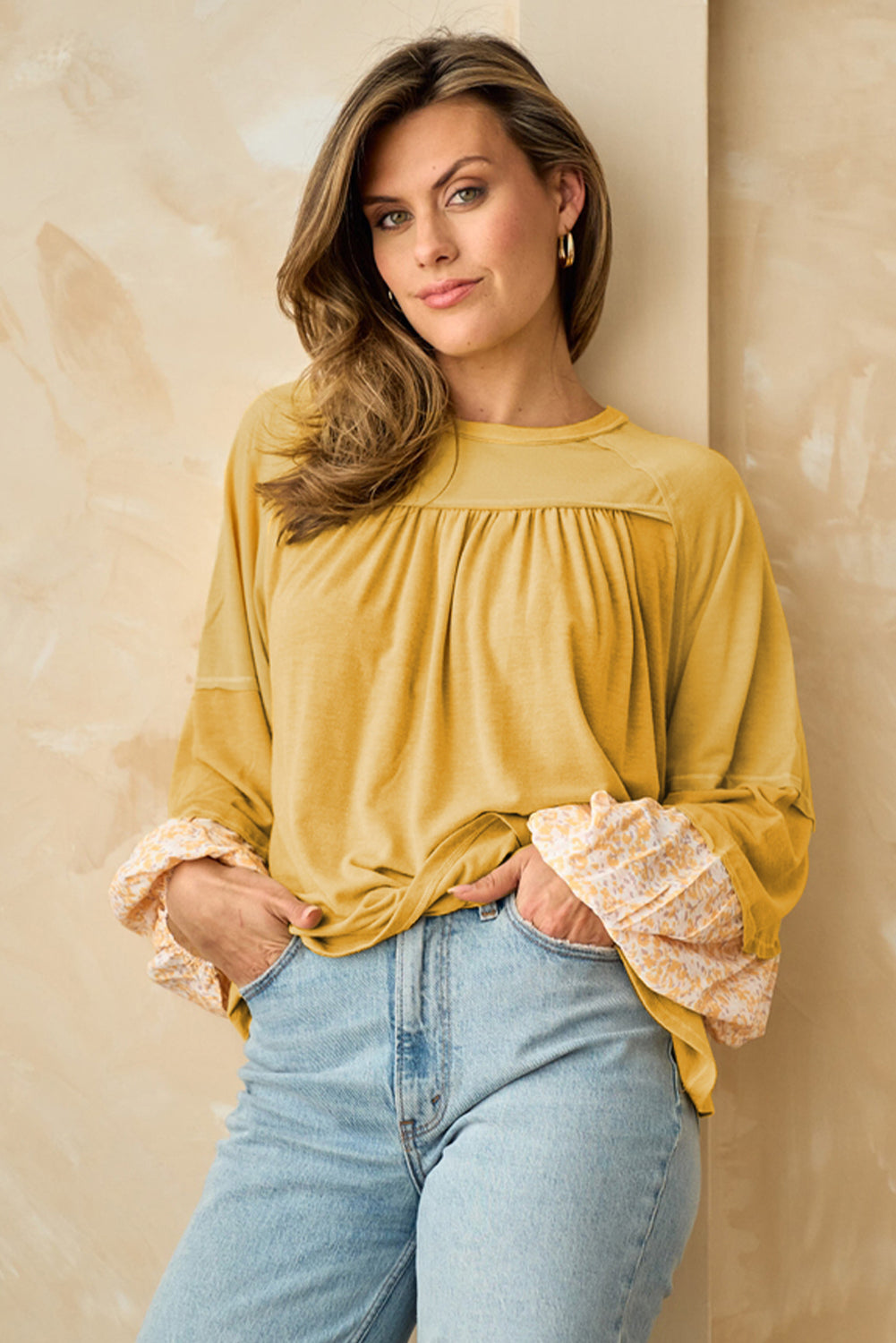 Yellow Long Sleeve Shirt Casual Women's Beige Floral Colorblock Balloon Sleeve Exposed Seam Top KESLEY