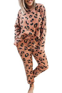 Pale Chestnut Leopard Long Sleeve Top and Drawstring Pants Set Loungewear Pajamas