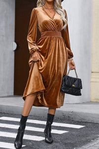 Camel Wrap V Neck Smocked High Waist Long Sleeve Velvet Midi Dress