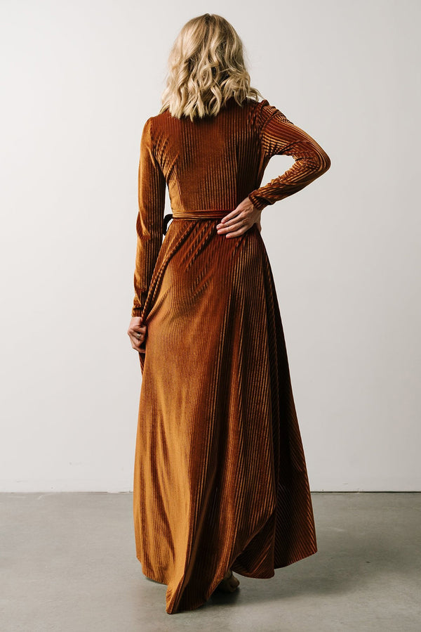 Chestnut Ribbed Velvet Wrap Long Sleeve Maxi Dress