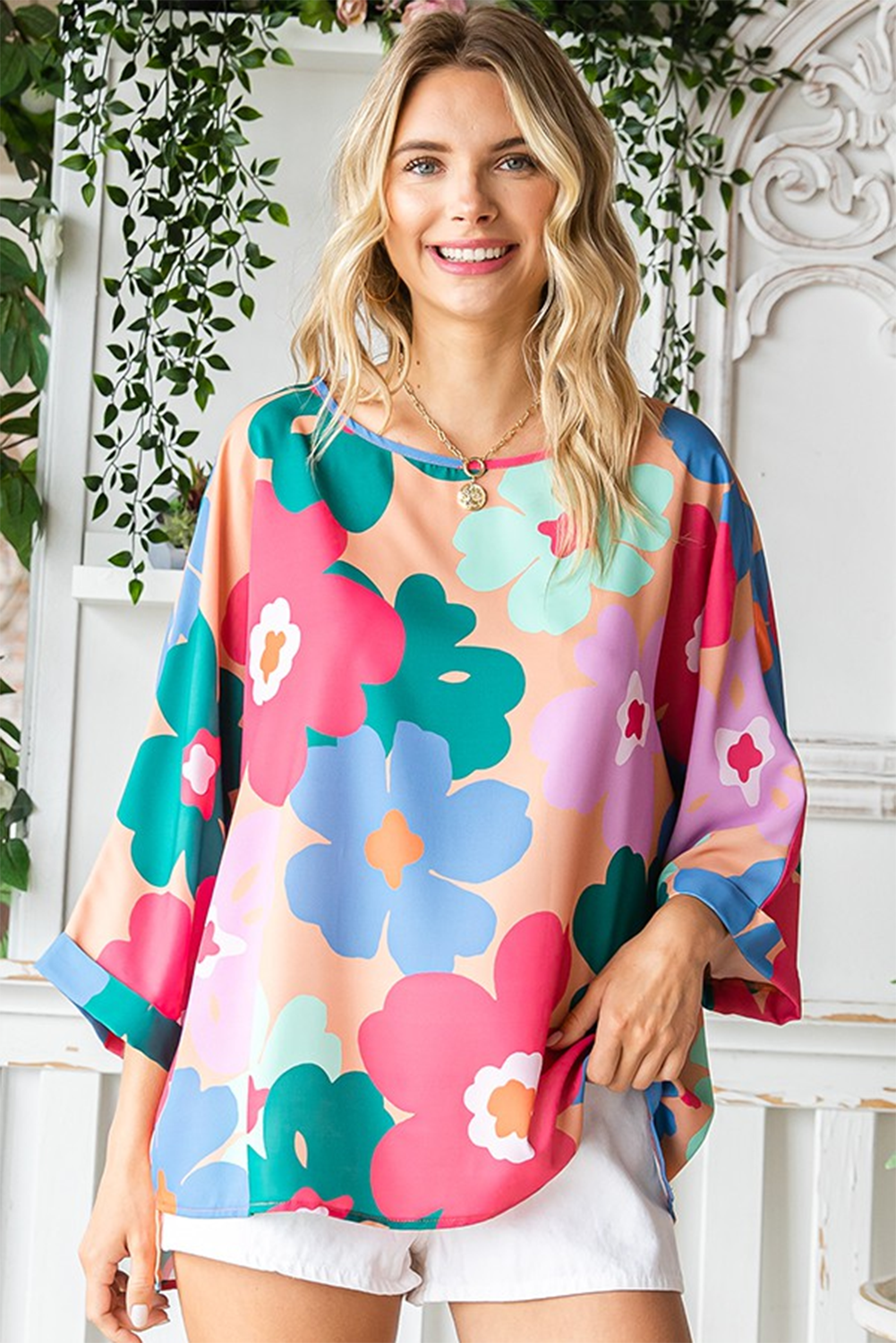 Pink Boho Floral Print Bracelet Sleeve Oversized Blouse