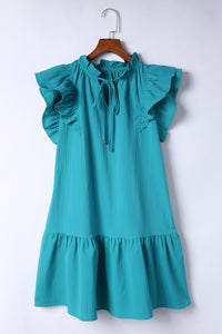 Mini Dress with Pockets Short Sleeve Green Tiered Ruffled Sleeves