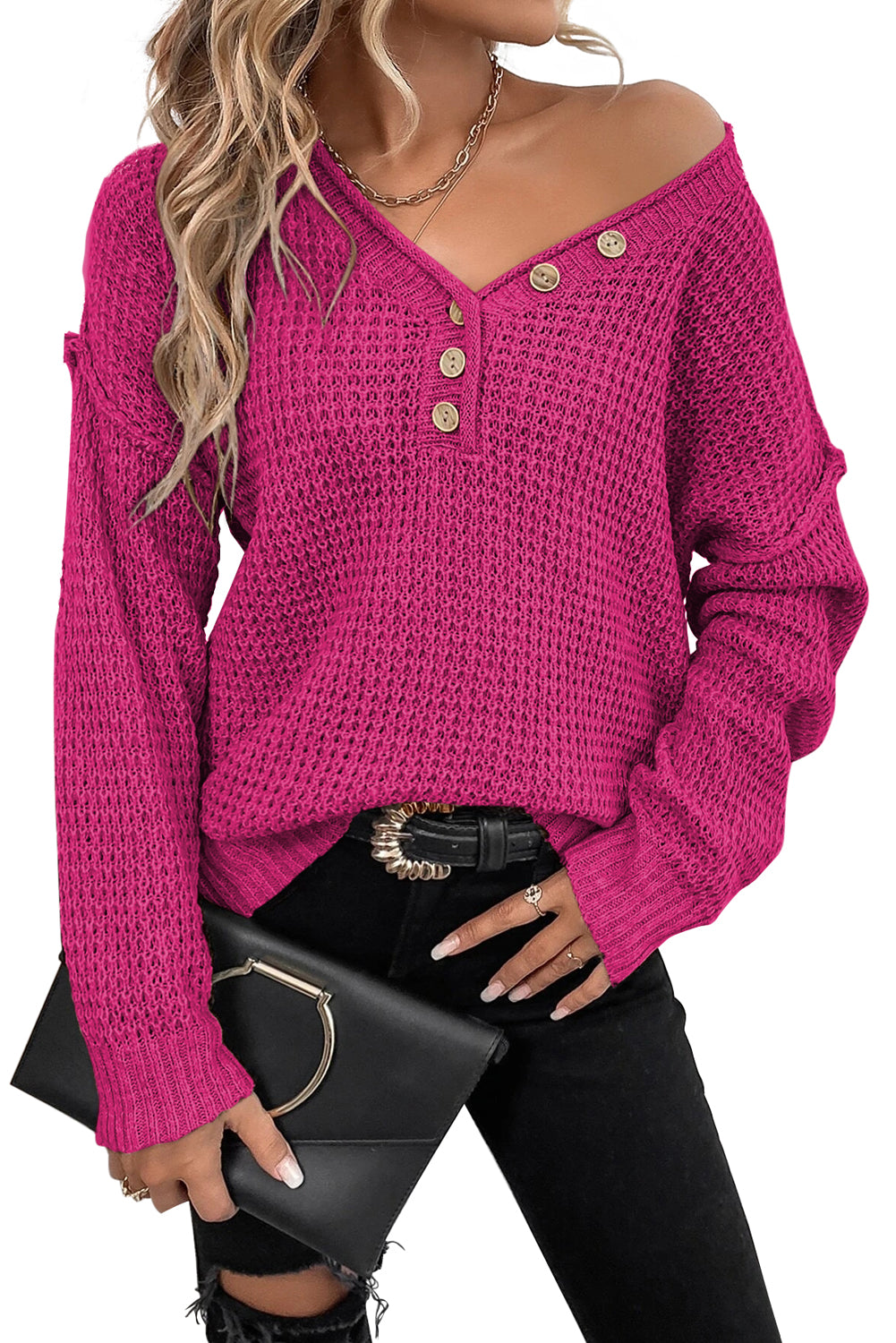 Rose Fiery Red Pointelle Knit Button V Neck Drop Shoulder Long Sleeve Shirt, Sweater