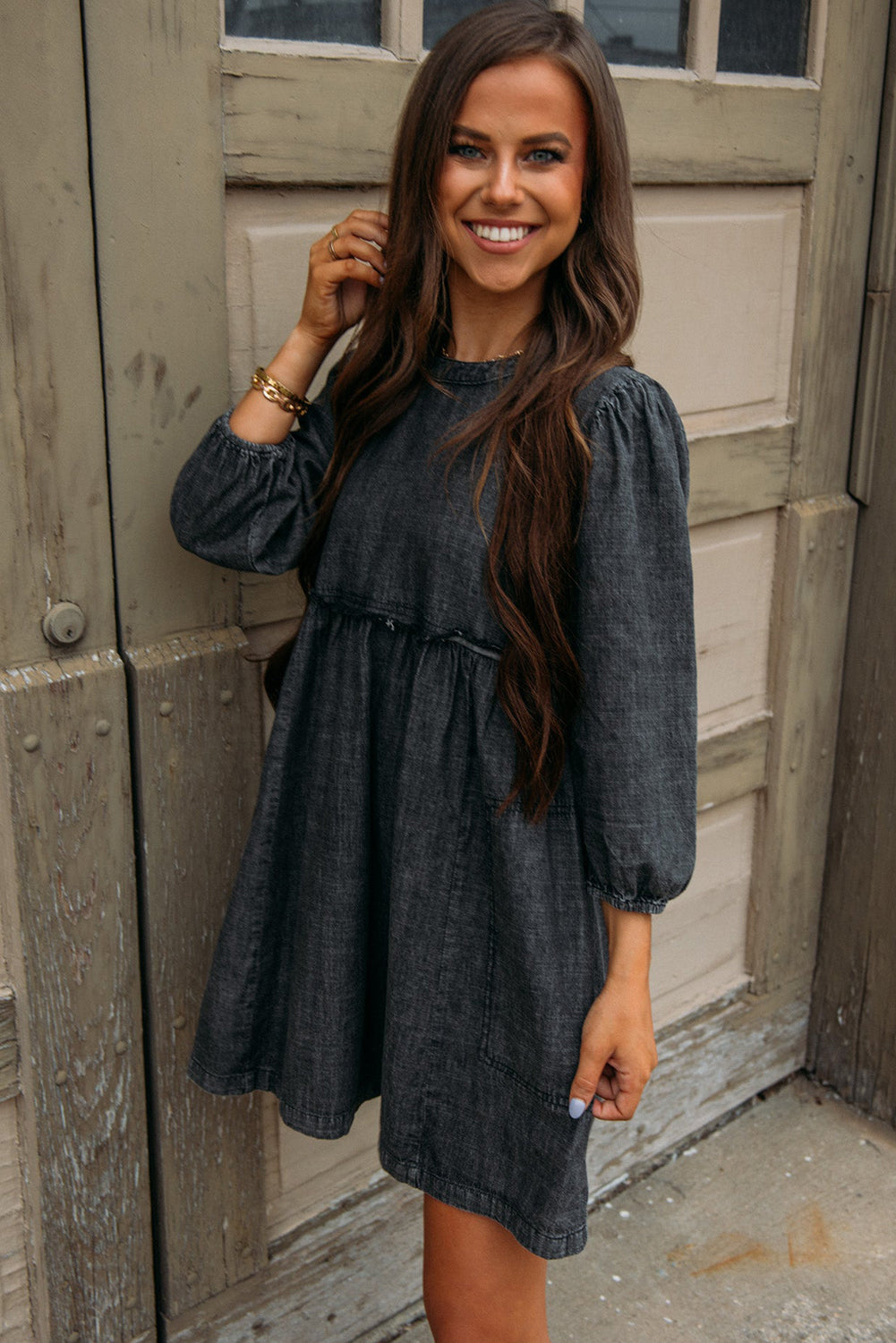 Women’s Long Sleeve Babydoll Black Balloon Sleeve High Waist Denim Dress