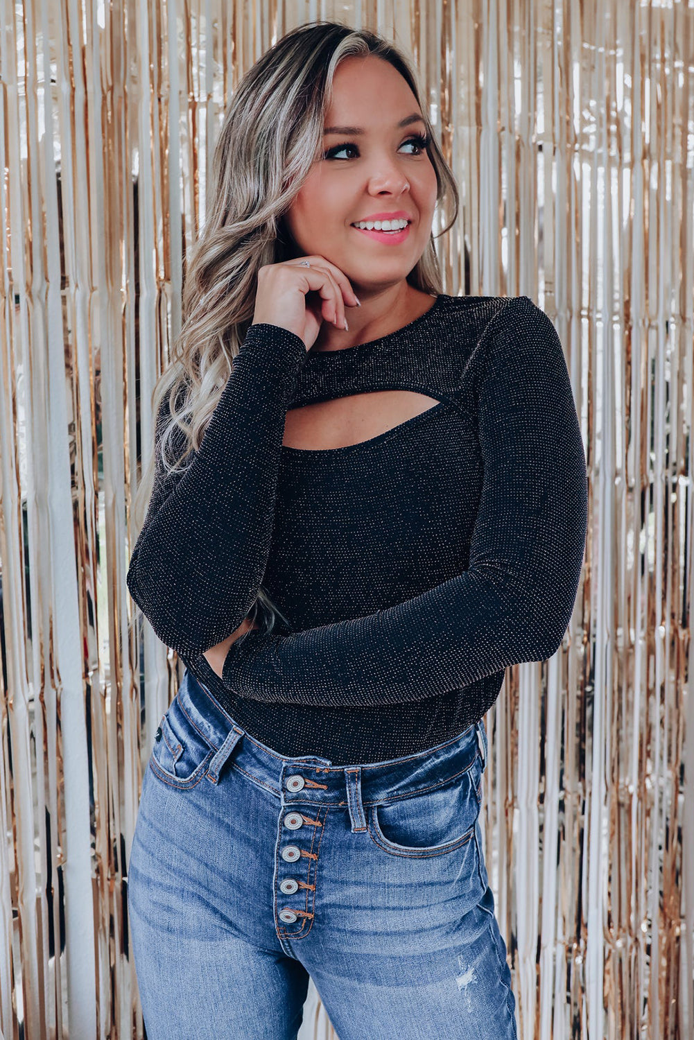 Black Sparkle Metallic Cut Out Long Sleeve Top