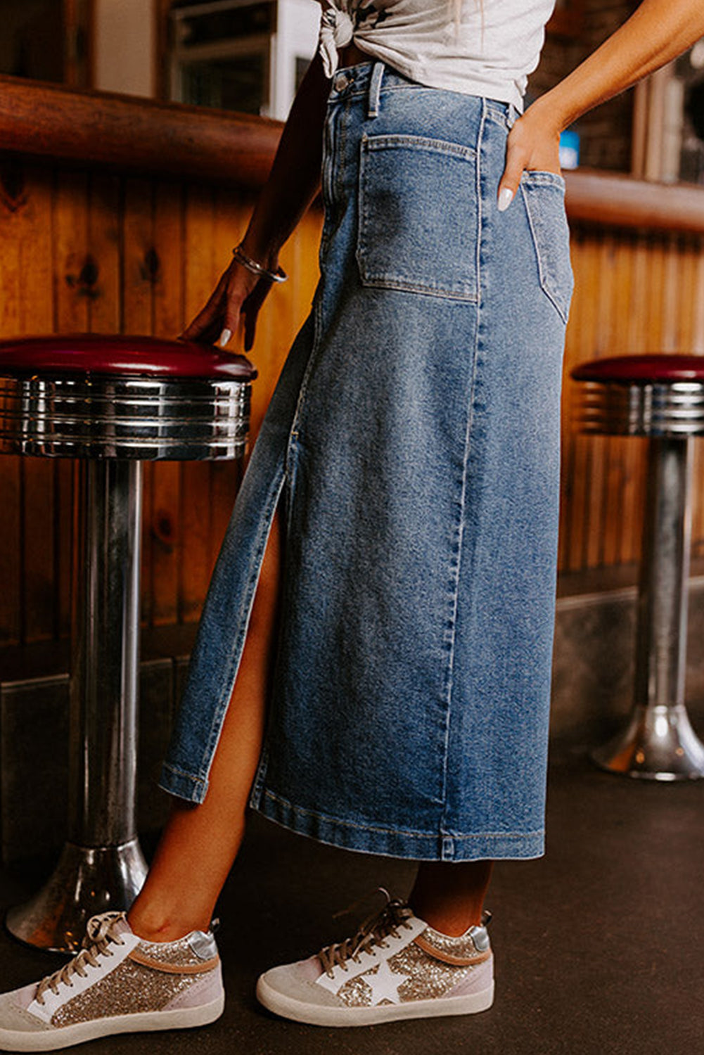 Women’s Jean Skirt with Pockets Front Slit Midi Denim Skirt