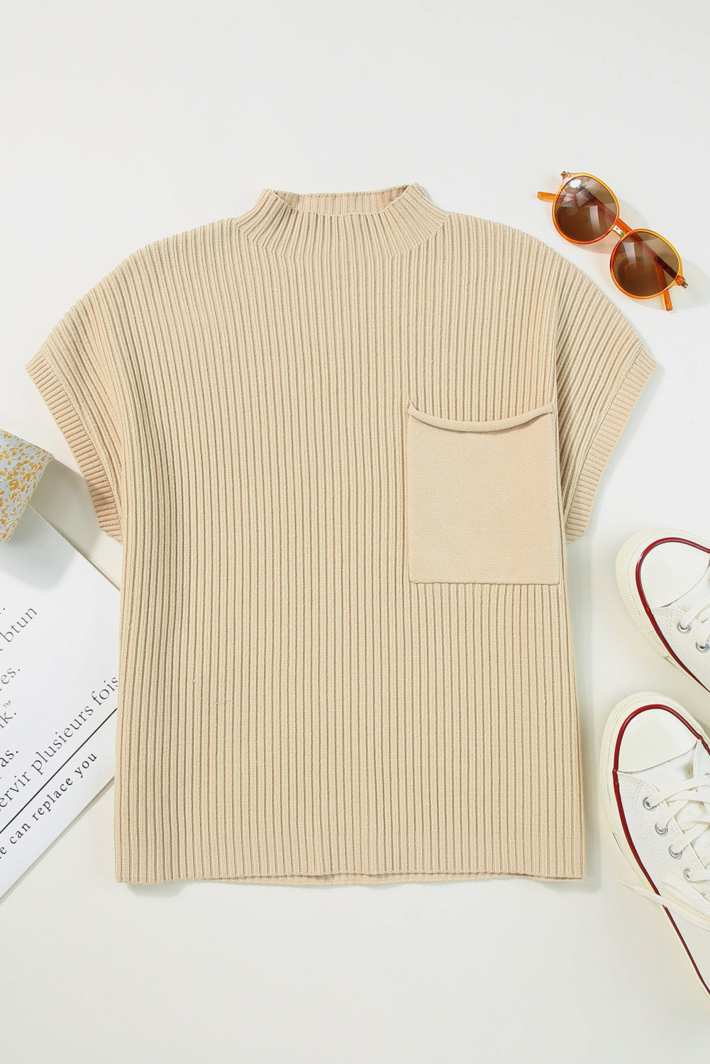 Women’s Nude Short Sleeve Top Oatmeal Patch Pocket Ribbed Knit Short Sleeve Sweater