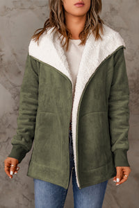 Women's Winter Coats Green Faux Suede Fleece Lined Open Front Jacket