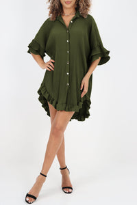 Women's Olive Green Button Down Long Blouse Moss Green High-low Hem Ruffle Sleeve Pleated Shirt Dress