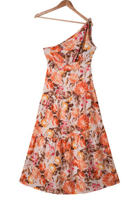 Womens Vacation Dress Orange Floral Print Pleated One Shoulder High Waist Maxi Dress